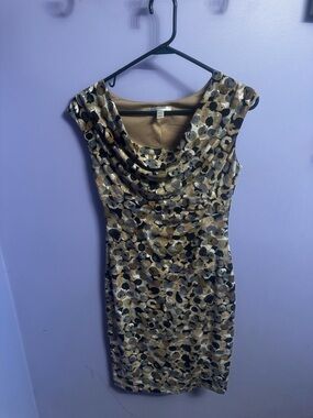 dressbarn Brown and Black Printed Cowl Neck Midi Dress